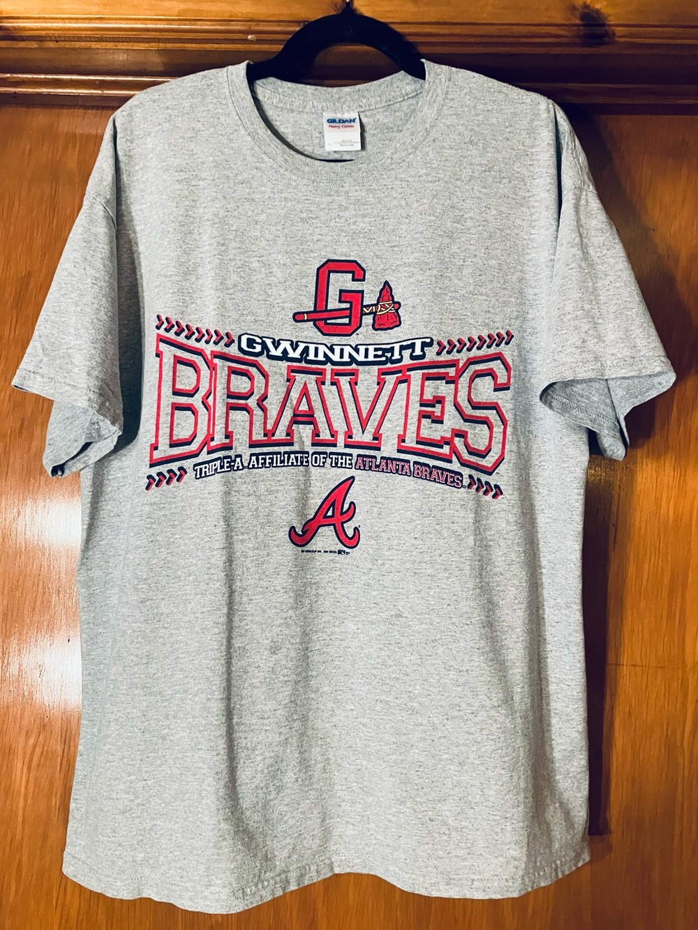 Gildan Gray Gwinnett Braves Graphic Tee with Red Accents